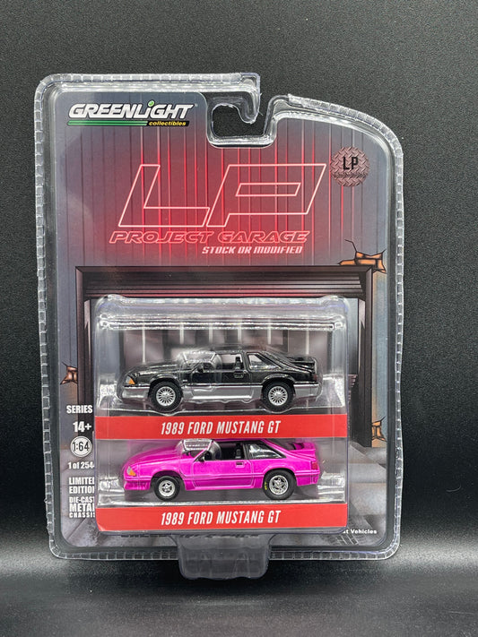 GREENLIGHT 1988 Ford Mustang GT 2-Pack Set Black/Silver & Hot Pink Stock or Modified LP Diecast Project Garage Exclusive 1:64 Diecast Promo