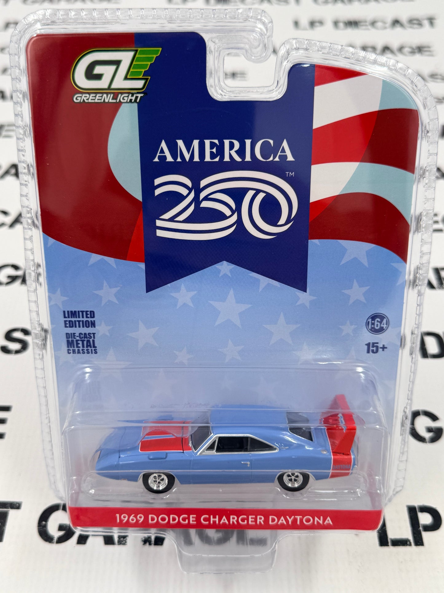 GREENLIGHT 1969 Dodge Charger Daytona Blue Red 1:64 Diecast America 250 Edition