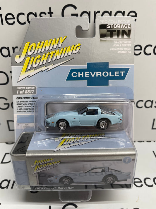 JOHNNY LIGHTNING 1979 Chevy Corvette Frost Blue Pro Collector Tin 1:64 Diecast