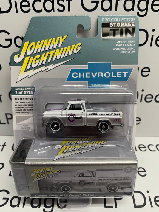 JOHNNY LIGHTNING 1965 Chevy Pickup Truck Crower Cams White/ Silver Collector Tin 1:64 Diecast