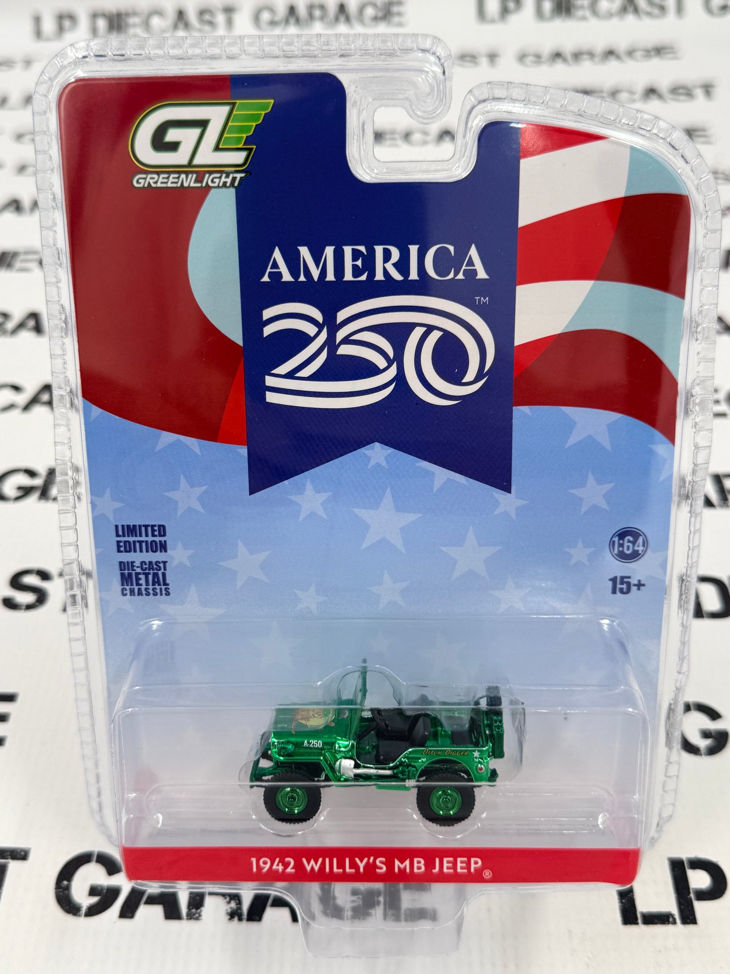 CHROME CHASE GREENLIGHT 1942 Willy's MB Jeep 1:64 Diecast America 250 Edition