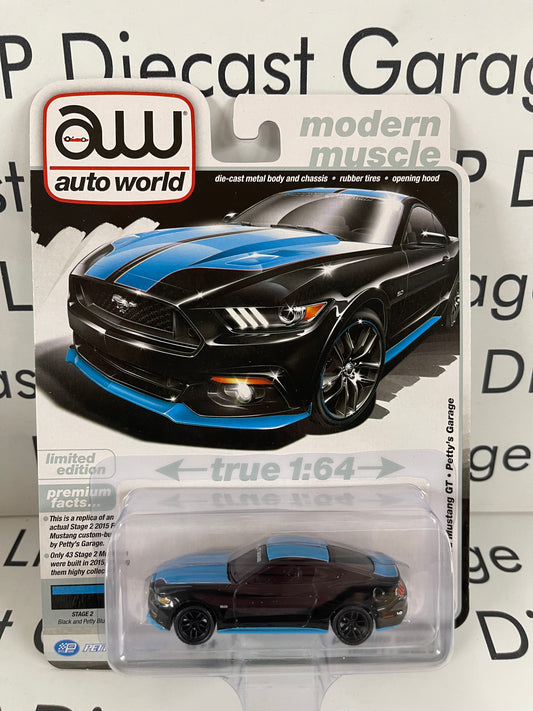 AUTO WORLD 2015 Ford Mustang GT Petty's Garage Black & Petty Blue 1:64 Diecast