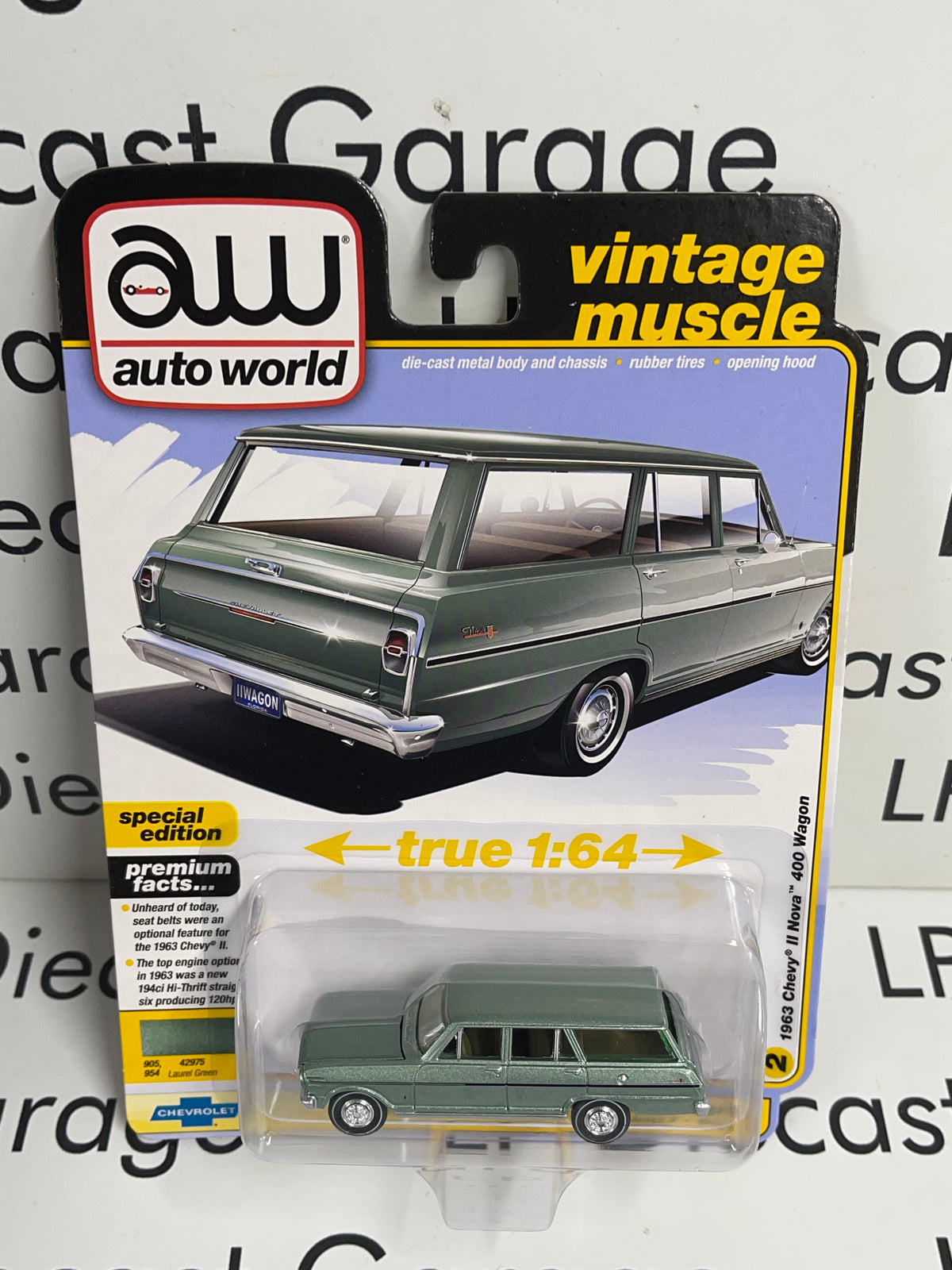 AUTO WORLD 1963 Chevy II Nova 400 Wagon Green 1:64 Diecast Vintage Muscle