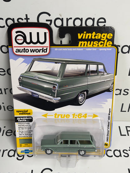 AUTO WORLD 1963 Chevy II Nova 400 Wagon Green 1:64 Diecast Vintage Muscle