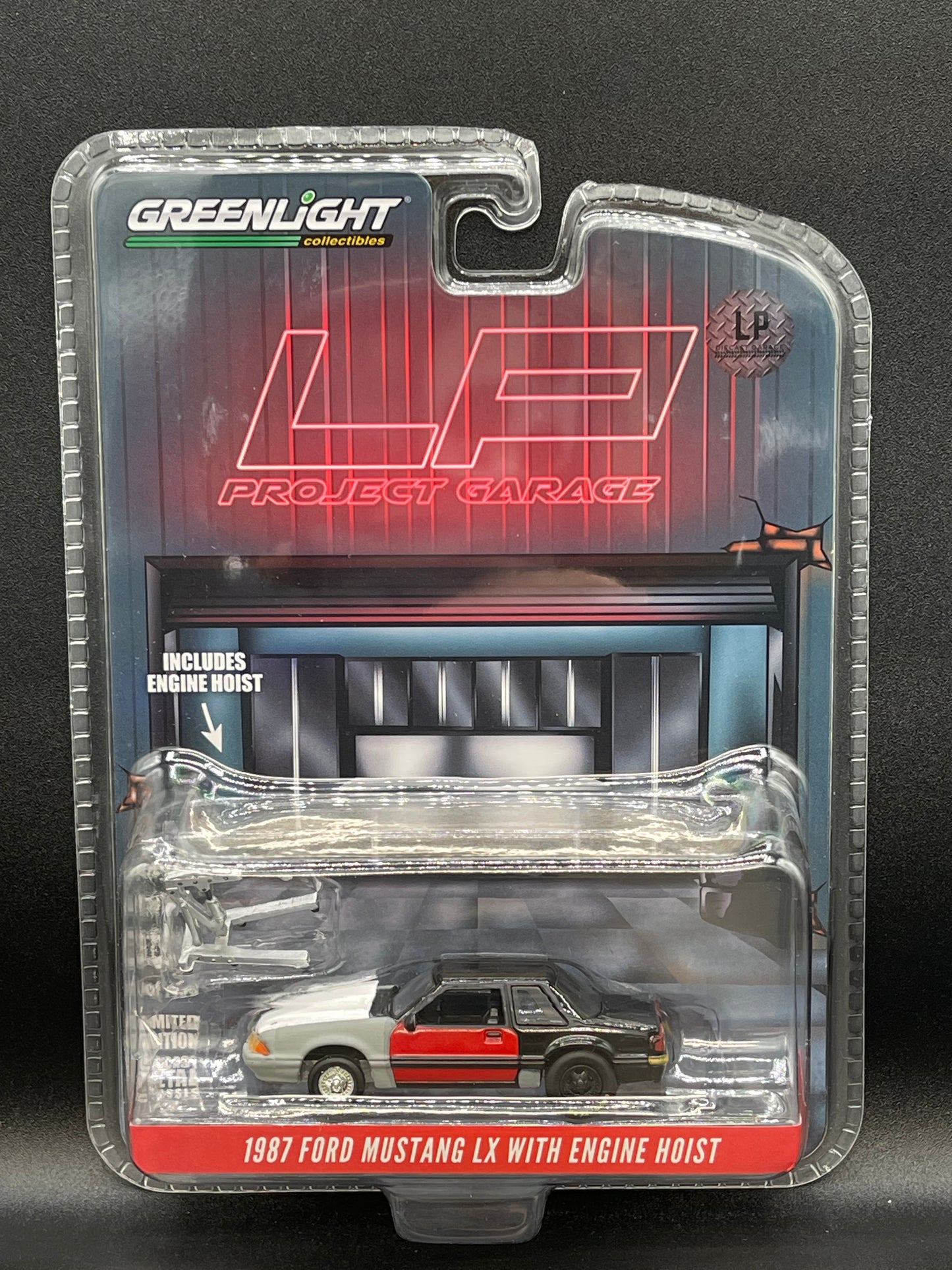 GREENLIGHT 1987 Ford Mustang LX with Engine Hoist Black Project LP Diecast Garage Exclusive 1:64 Diecast Promo