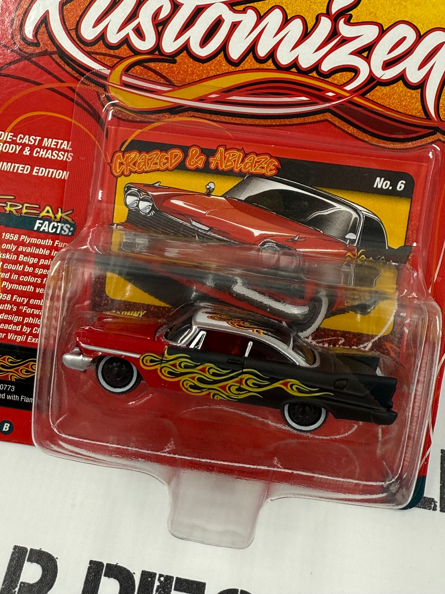 JOHNNY LIGHTNING 1958 Plymouth Fury Black w/ Red Flames 1:64 Diecast