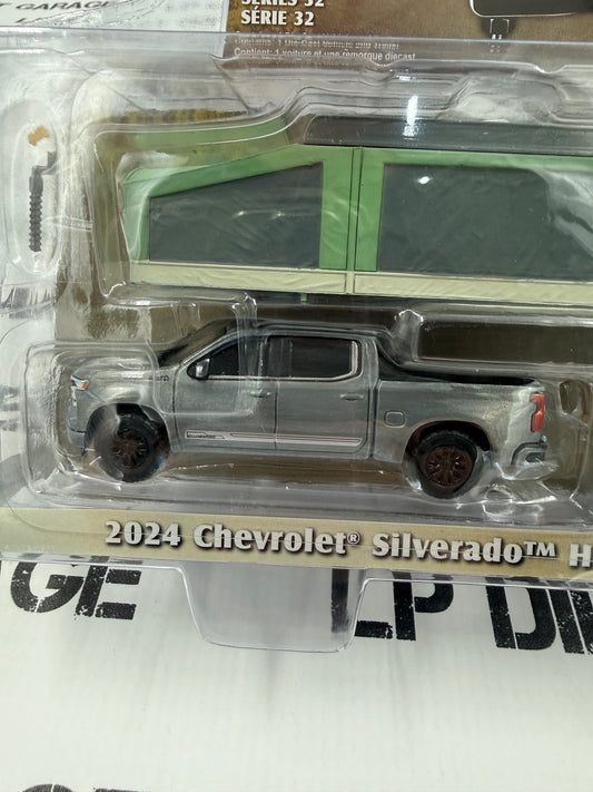 RAW CHASE GREENLIGHT 2024 Chevrolet Silverado & Pop-Up Camper Gray 1:64 Diecast Hitch & Tow