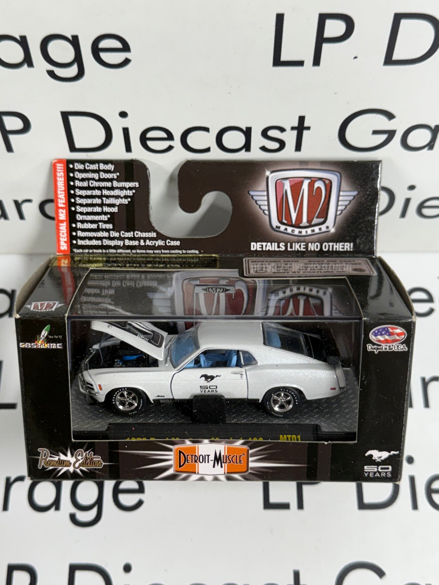 M2 1970 Ford Mustang Mach 1 White 50 Years 1:64 Diecast