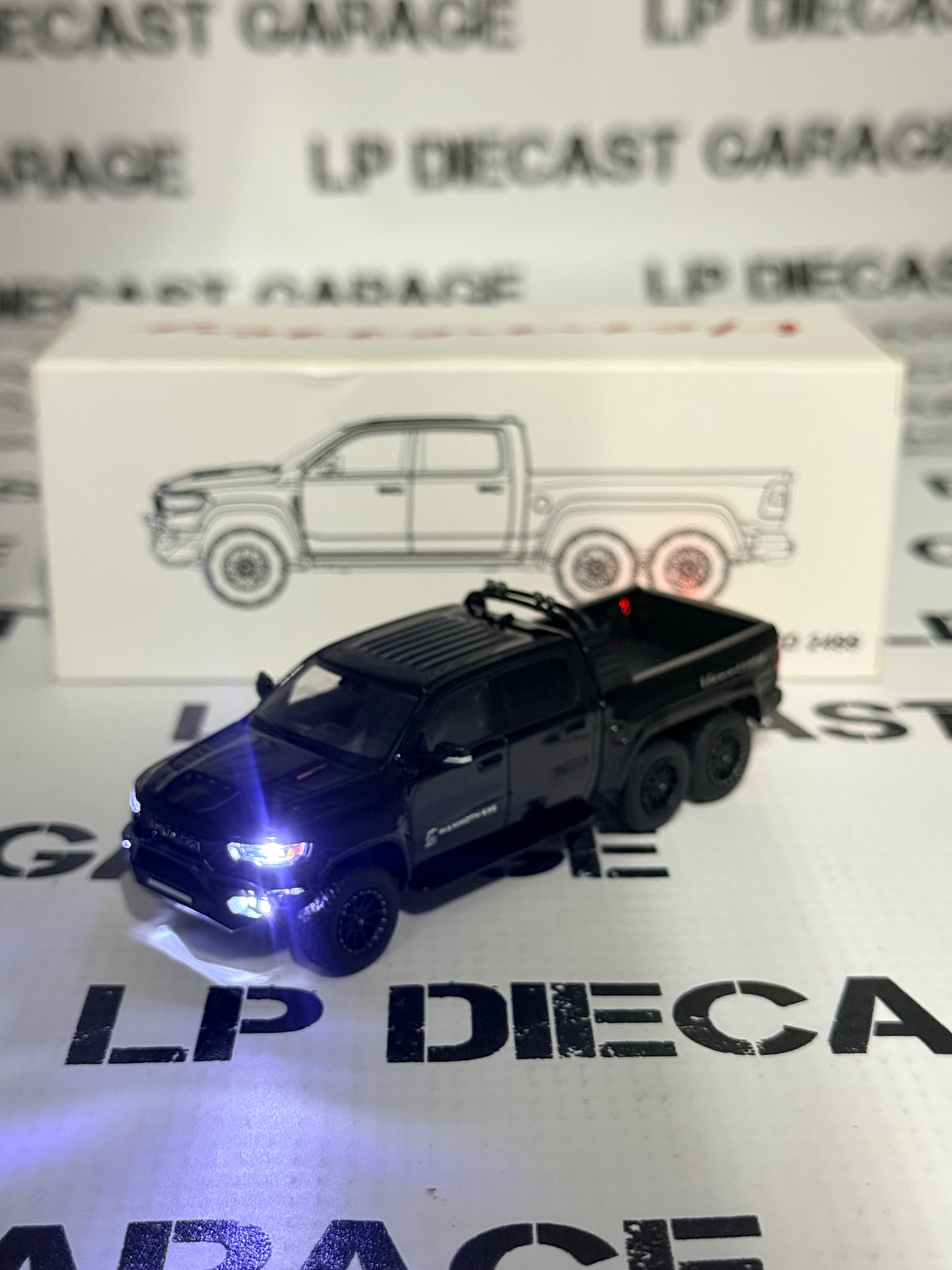MODEL TRUCK 2022 Ram TRX Mammoth Hennessey 6X6 Truck Black 1:64 Diecast w/ LED Lights