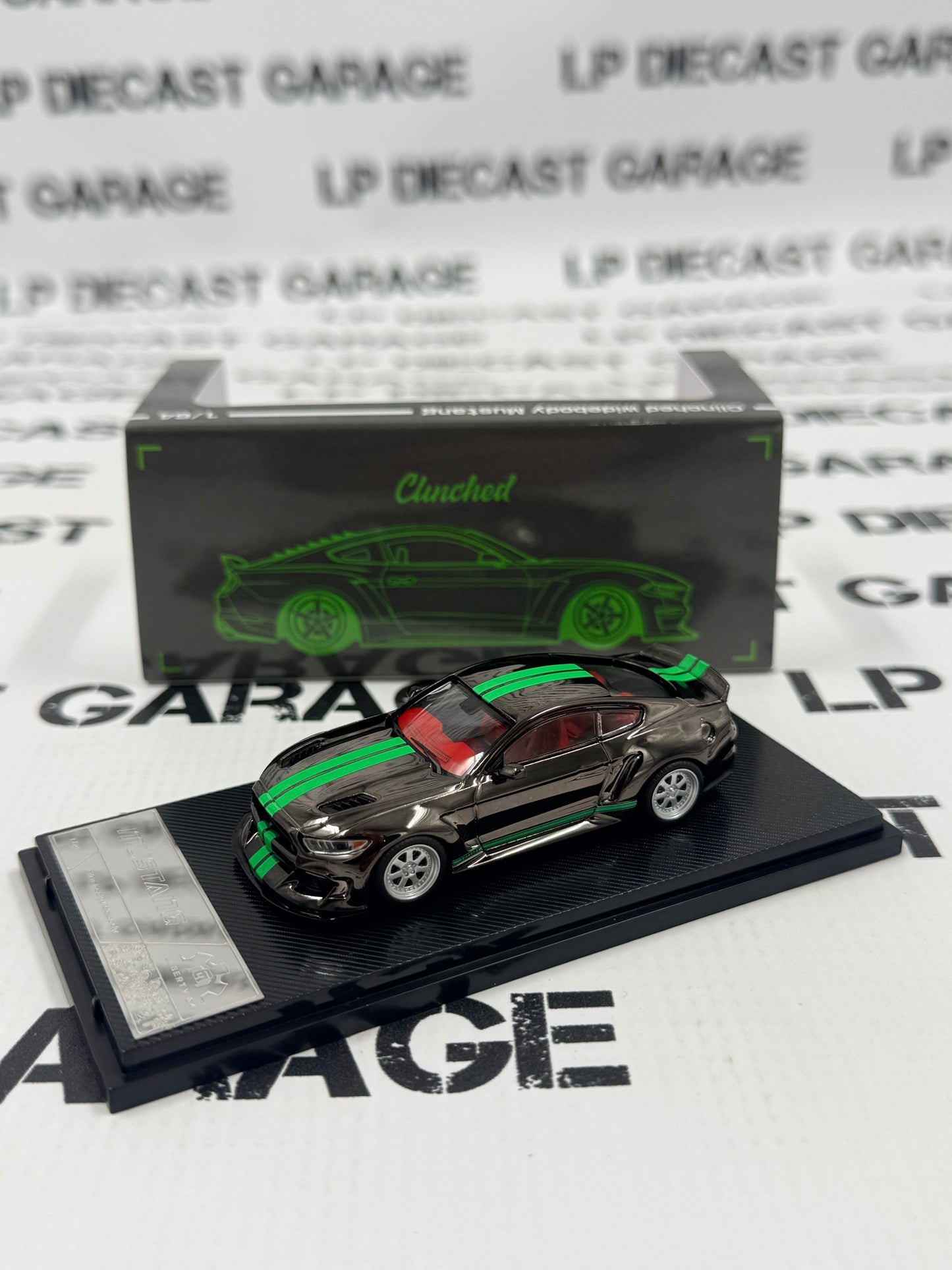 LIBERTY64 Ford Mustang Clinched Chrome w/ Green Stripes 1:64 Diecast Ghost Player