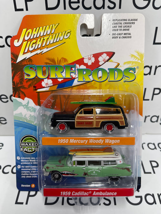 JOHNNY LIGHTNING 1950 Mercury Woody & 1959 Cadillac Ambulance 1:64 Diecast Surf Rods