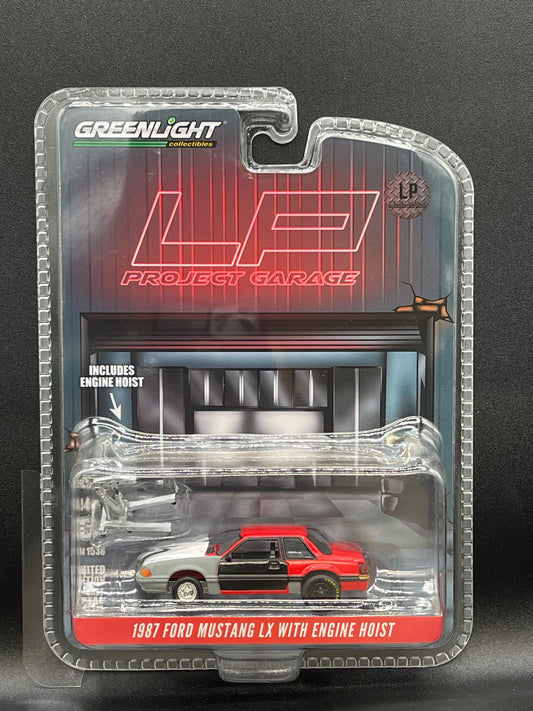 GREENLIGHT 1987 Ford Mustang LX with Engine Hoist Red Project LP Diecast Garage Exclusive 1:64 Diecast Promo