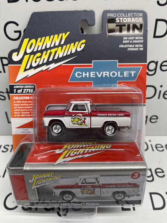 JOHNNY LIGHTNING 1965 Chevy Pickup Truck Crower Cams Red/White Collector Tin 1:64 Diecast