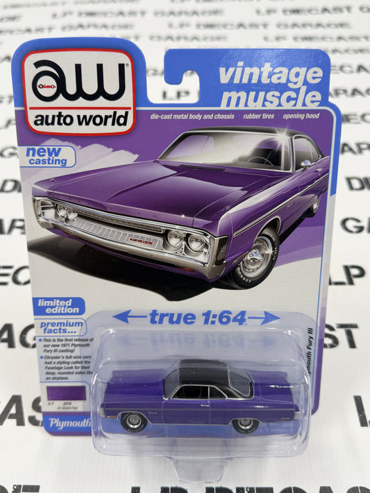 AUTO WORLD 1971 Plymouth Fury II Violet 1:64 Diecast Vintage Muscle