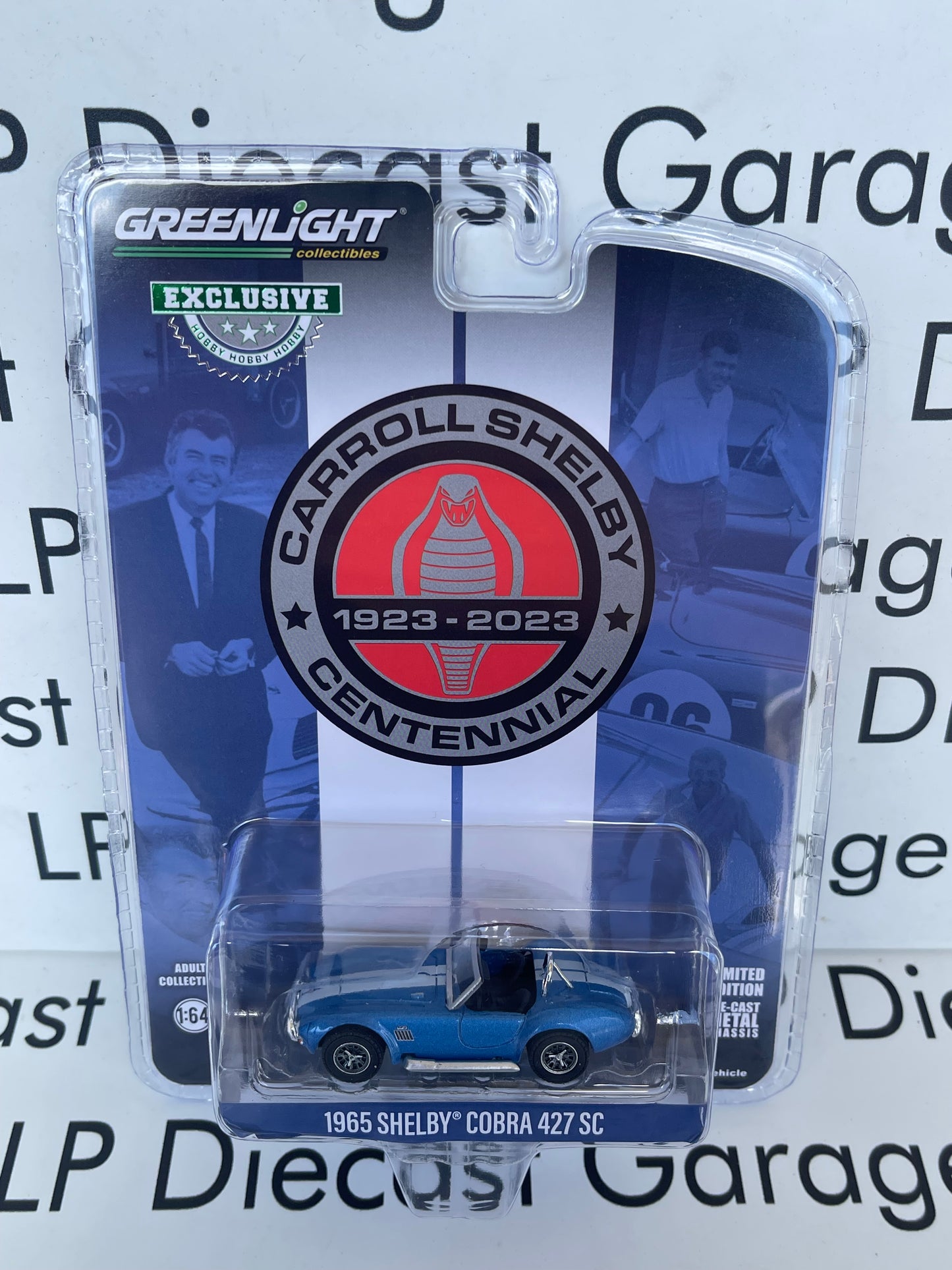 GREENLIGHT 1965 Shelby Cobra 427 S/C Blue w/ White Stripes Carroll Shelby Centennial 1923-2023 1:64 Diecast