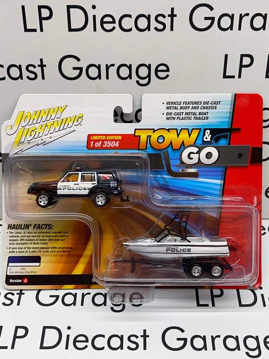 JOHNNY LIGHTNING Jeep Cherokee XJ with Boat and Trailer Tow & Go Miami Beach Police 1:64 Diecast