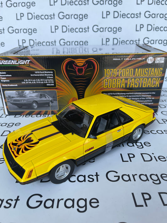GREENLIGHT 1979 Ford Mustang Cobra Bright Yellow with Black & Red Cobra Hood Graphics and Stripe Treatment 1:18 Diecast