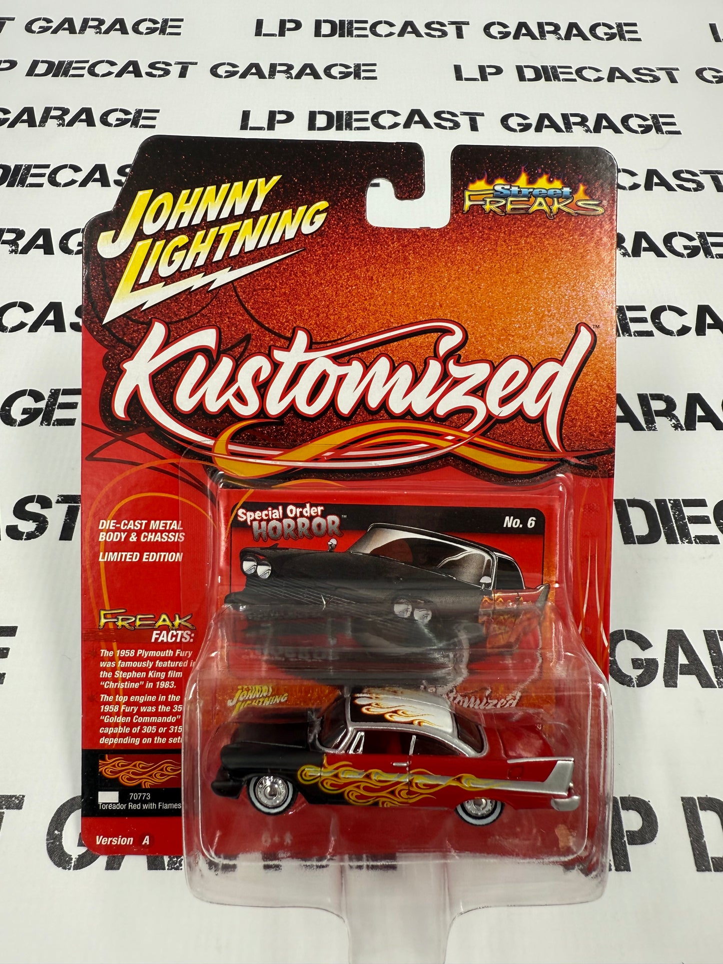 JOHNNY LIGHTNING 1958 Plymouth Fury Red w/ Black Flames 1:64 Diecast