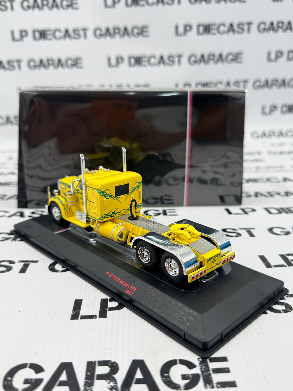 IXO Models 1962 Peterbilt 350 Yellow w/ Green Flames 1:64 Diecast Semi Truck