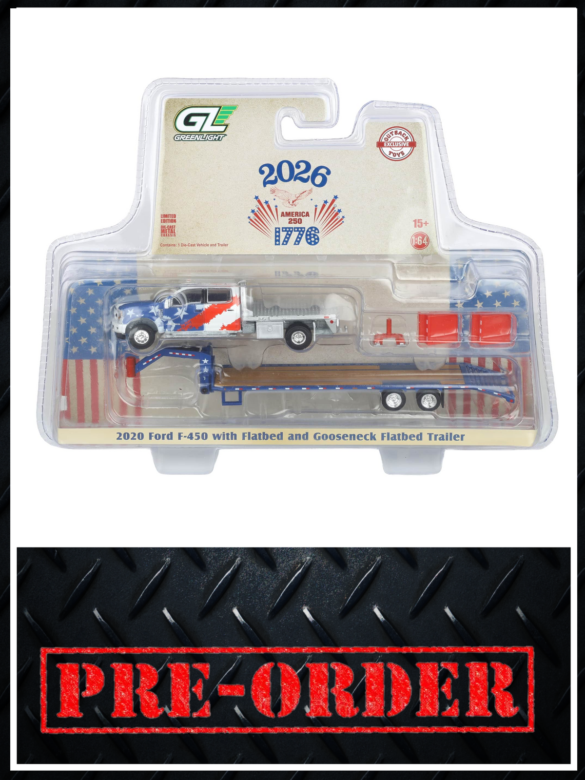 GREENLIGHT 2020 Ford F450 w/ Gooseneck Trailer USA 250 Years 1:64 Diecast OBT Exclusive PRE-ORDER