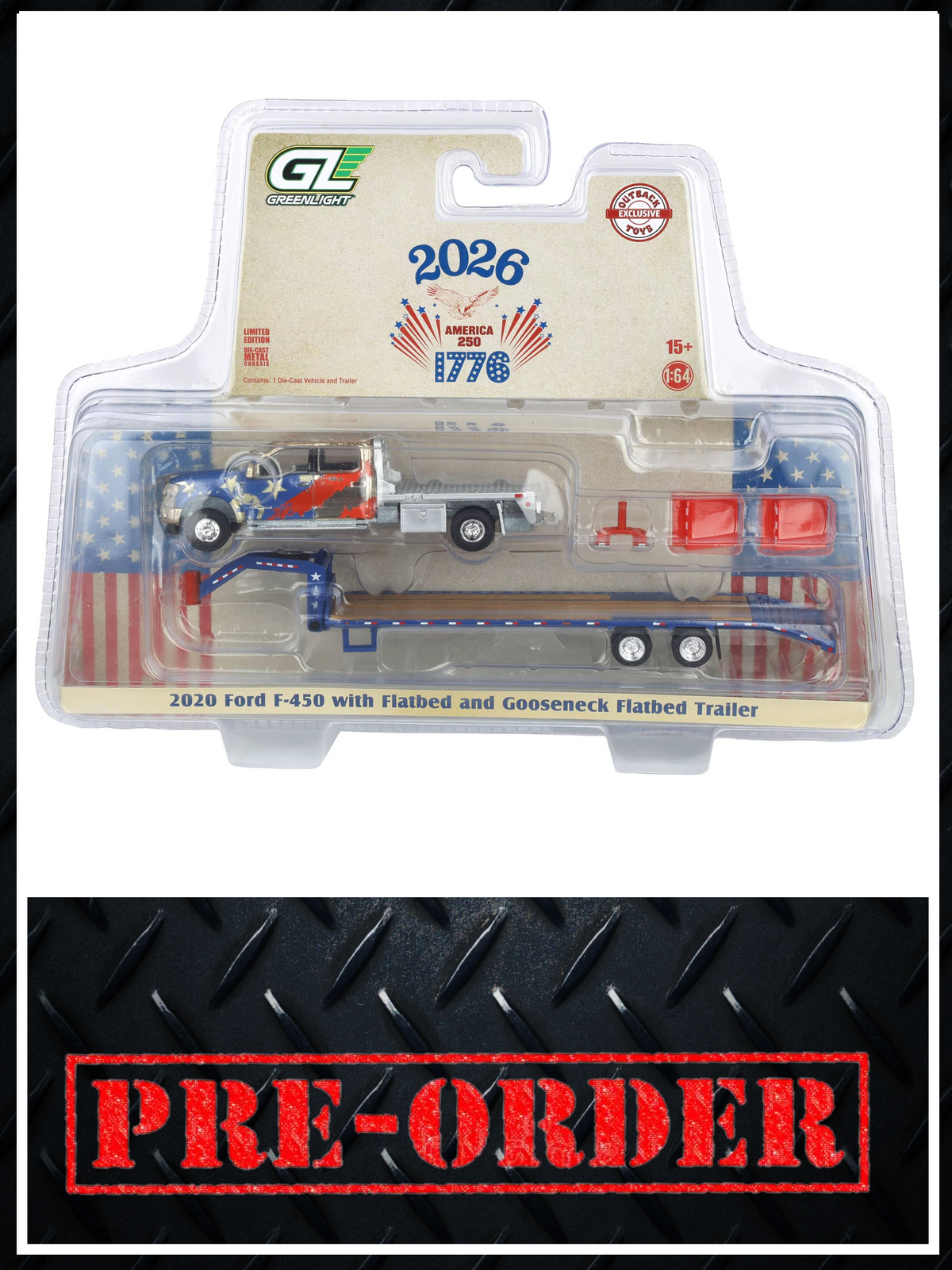 GOLD CHROME CHASE GREENLIGHT 2020 Ford F450 w/ Gooseneck Trailer USA 250 Years 1:64 Diecast OBT Exclusive PRE-ORDER