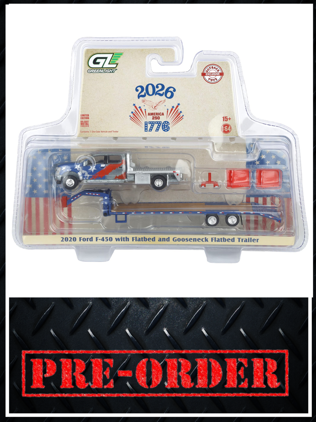 RAW CHASE GREENLIGHT 2020 Ford F450 w/ Gooseneck Trailer USA 250 Years 1:64 Diecast OBT Exclusive PRE-ORDER