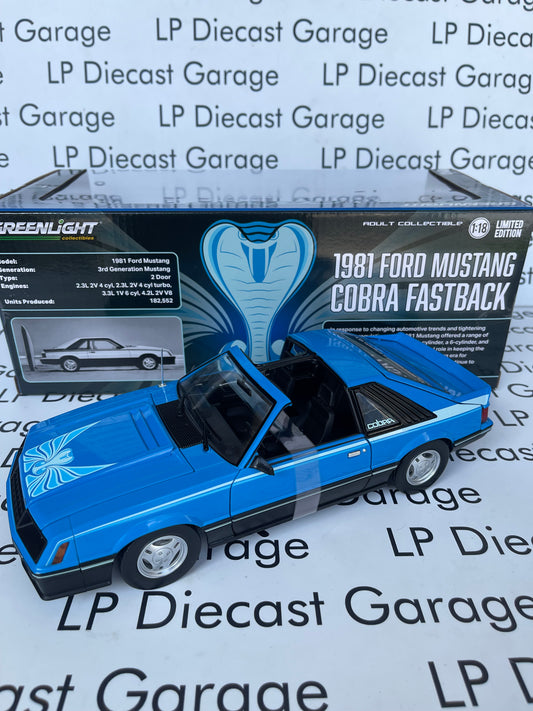 GREENLIGHT 1981 Ford Mustang Cobra T-Top Medium Blue with Light Blue Cobra Hood Graphics and Stripe Treatment 1:18 Diecast