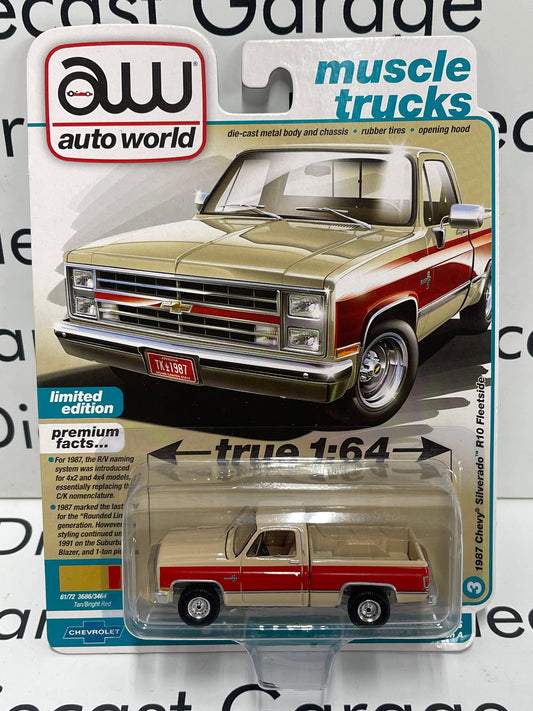 AUTO WORLD 1987 Chevy Silverado R10 Fleetside Tan/Red Truck 1:64 Diecast