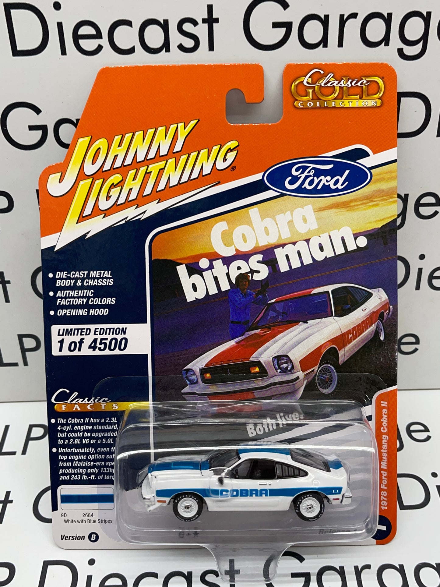JOHNNY LIGHTNING 1978 Ford Mustang Cobra II White Blue 1:64 Diecast Classic Gold