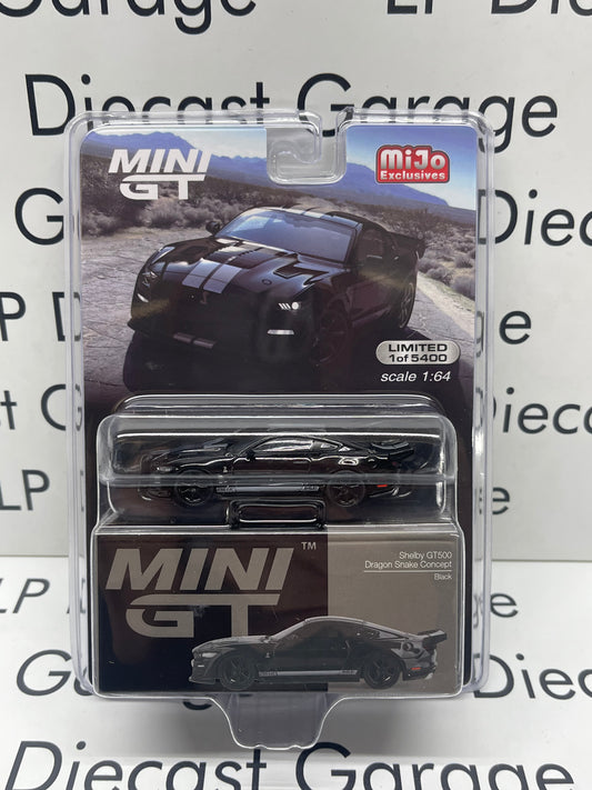 MINI GT 2022 Ford Mustang Shelby GT500 Dragon Snake Concept Black Silver Stripes MiJo 1:64 Diecast