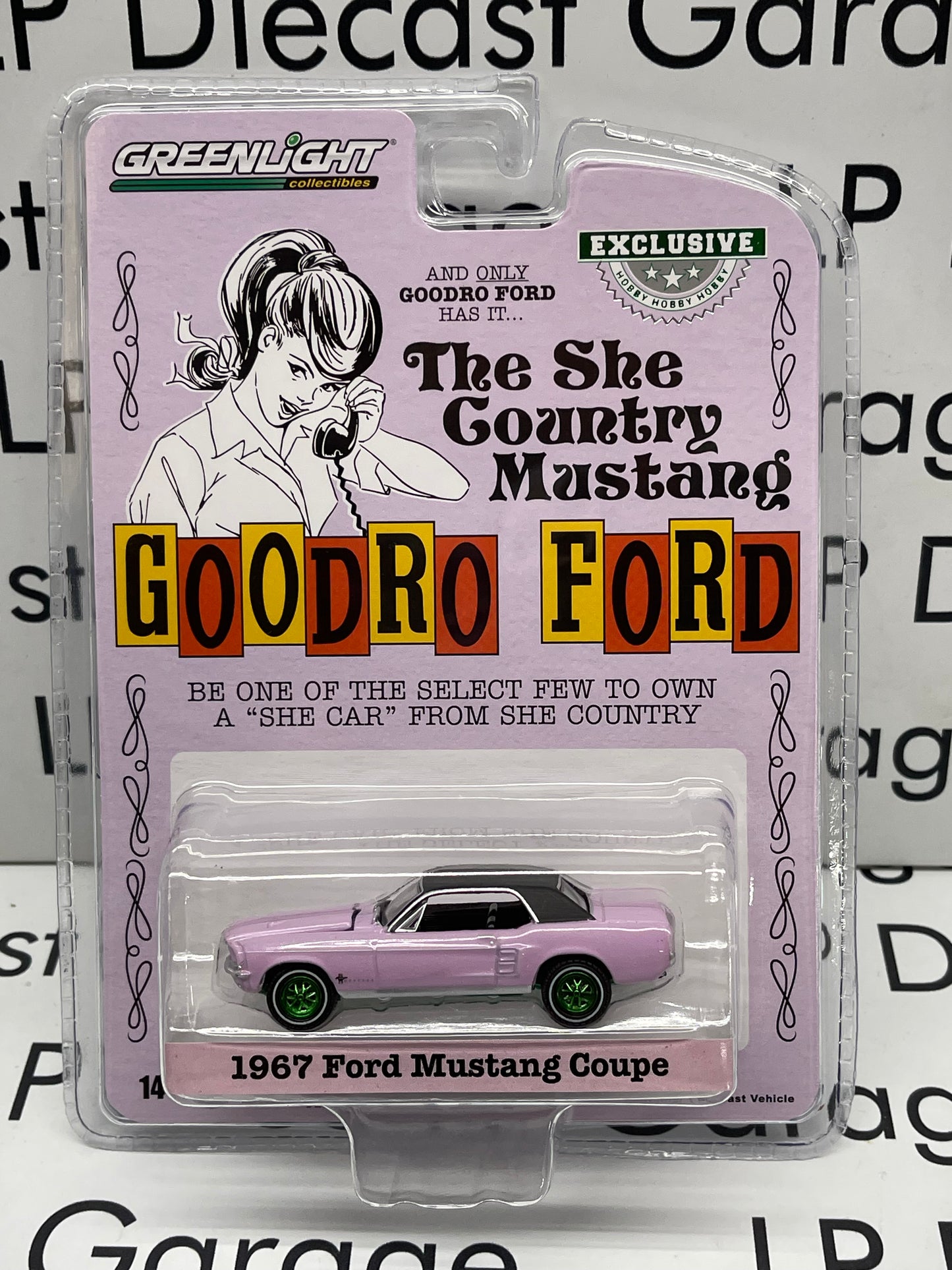 GREENLIGHT Green Machine 1967 Ford Mustang Coupe Pink Goodro She Country 1:64 Diecast