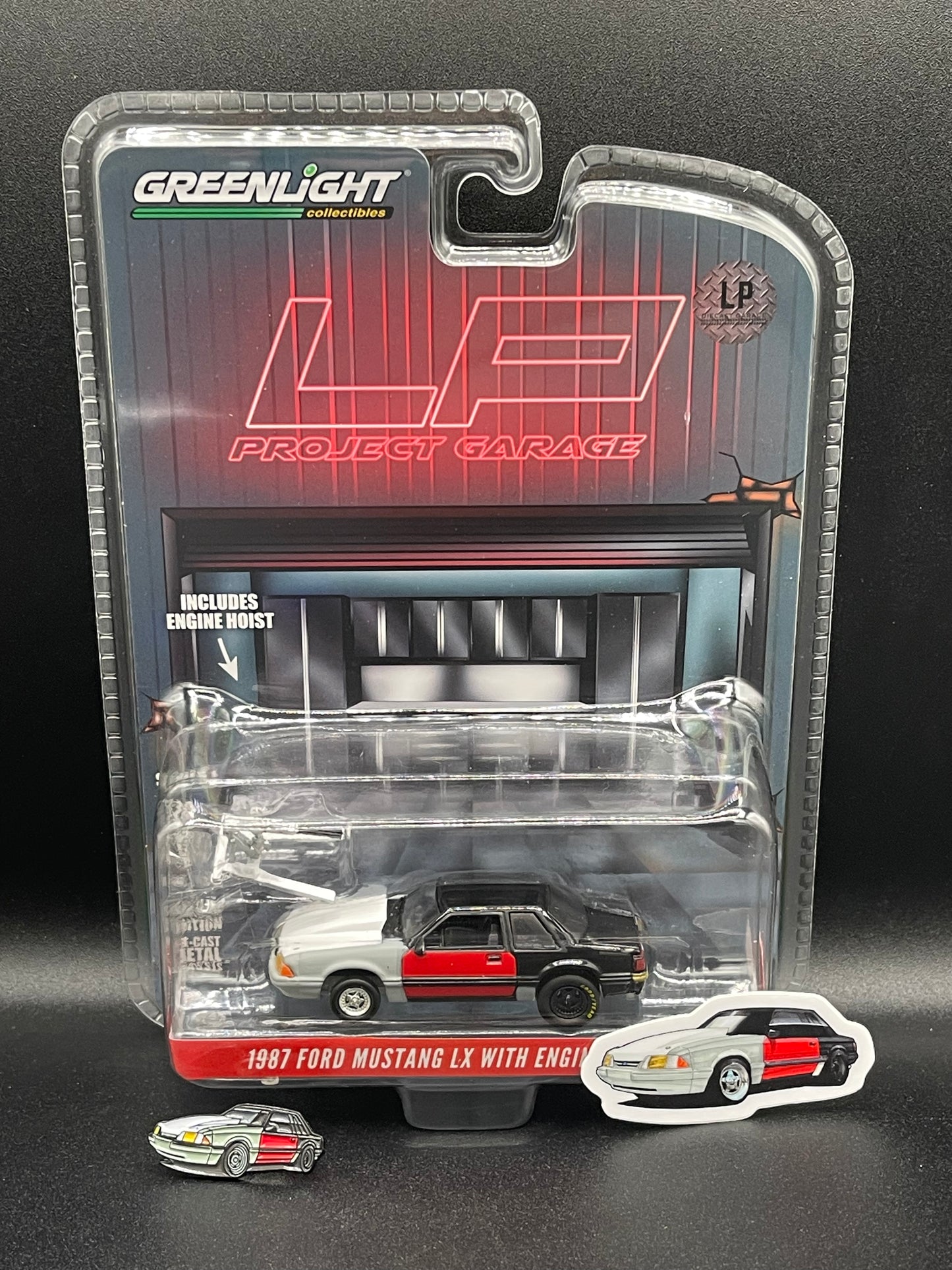 GREENLIGHT 1987 Ford Mustang LX with Engine Hoist Black + Pin & Sticker Project LP Diecast Garage Exclusive 1:64 Diecast Promo