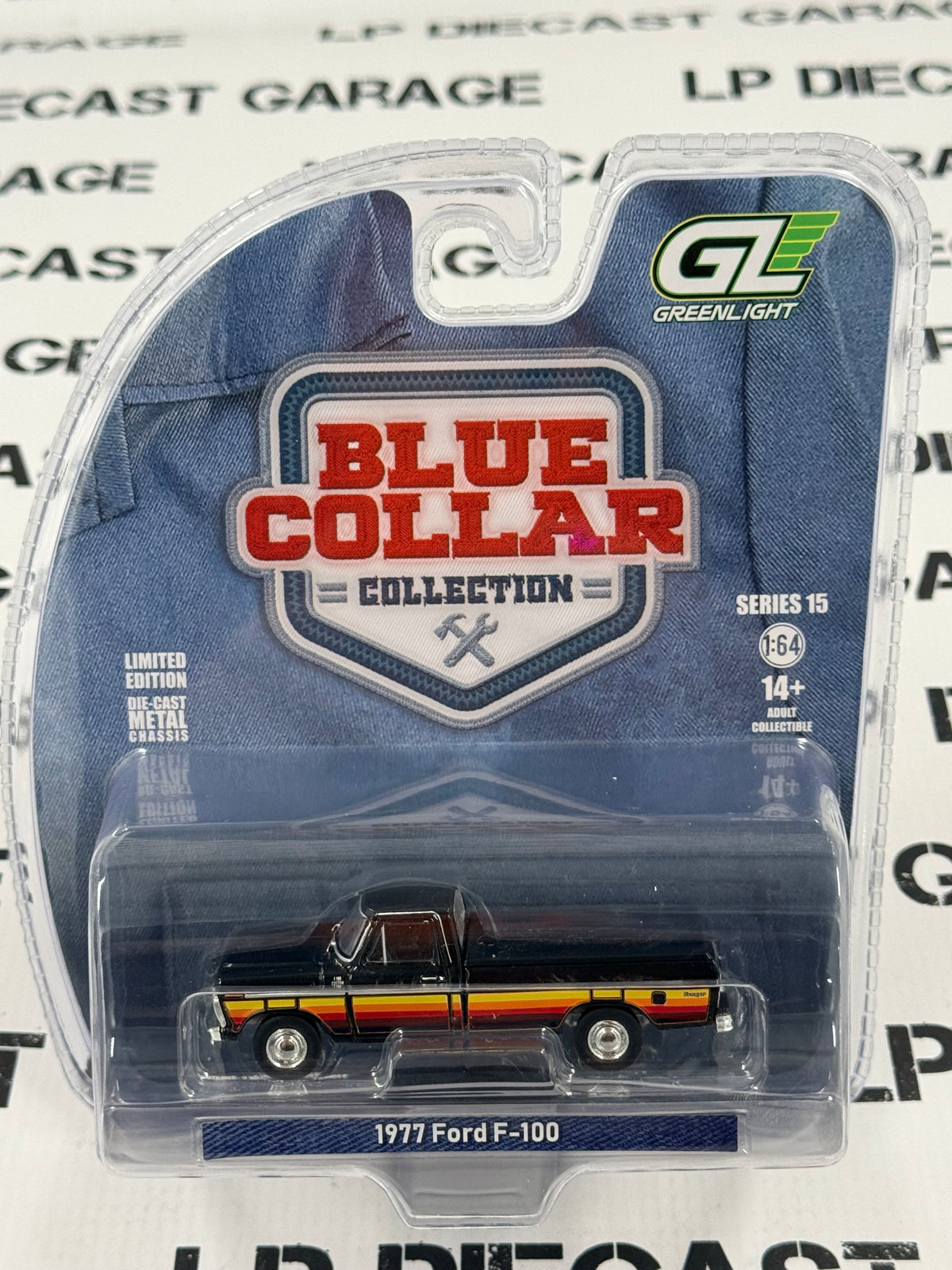 GREENLIGHT 1977 Ford F-100 Black w/ Free Wheeling Stripes 1:64 Diecast Blue Collar