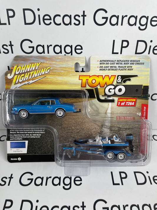 JOHNNY LIGHTNING 1980 Chevrolet Monte Carlo w/ Bass Boat Tow & Go Bright Blue Poly 1:64 Diecast