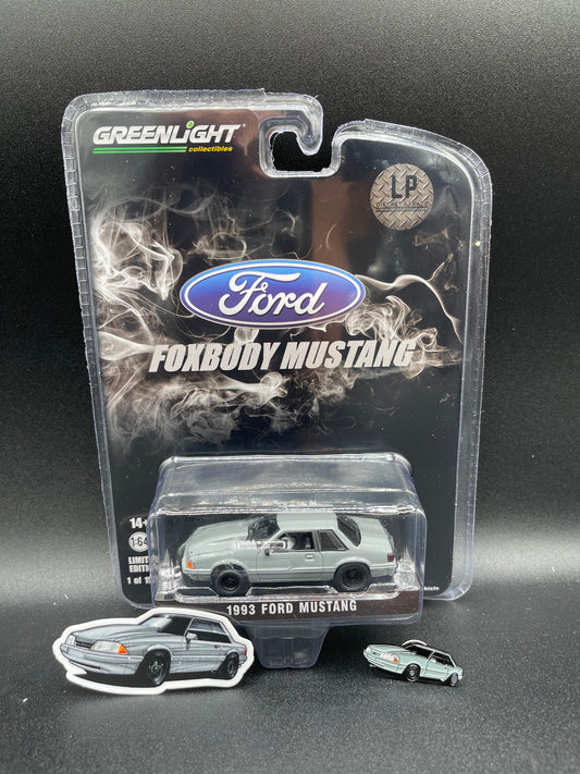 GREENLIGHT 1993 Ford Mustang 5.0 LX Coupe + Pin & Sticker Destroyer Gray Drag LP Diecast Garage Exclusive Release 1:64 Diecast Promo
