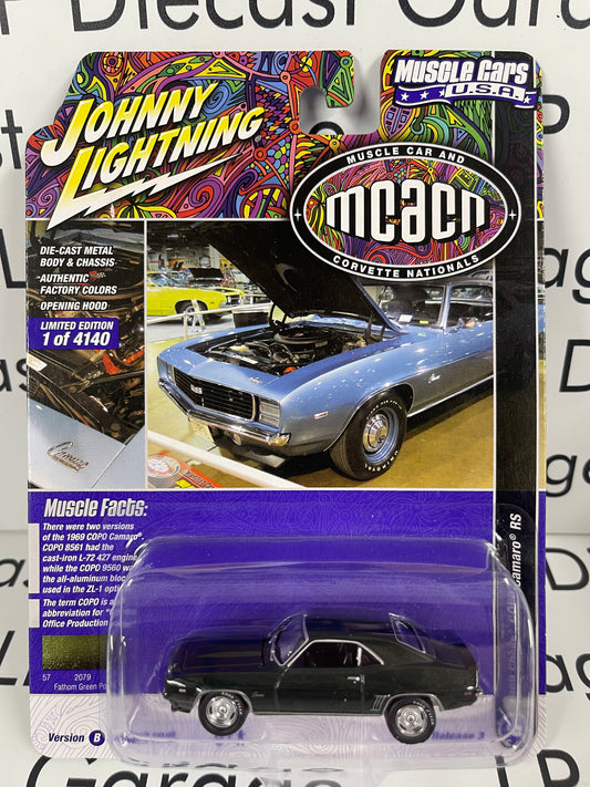 JOHNNY LIGHTNING 1969 Chevrolet COPO Camaro RS Fathom Green Poly MCACN 1:64 Diecast