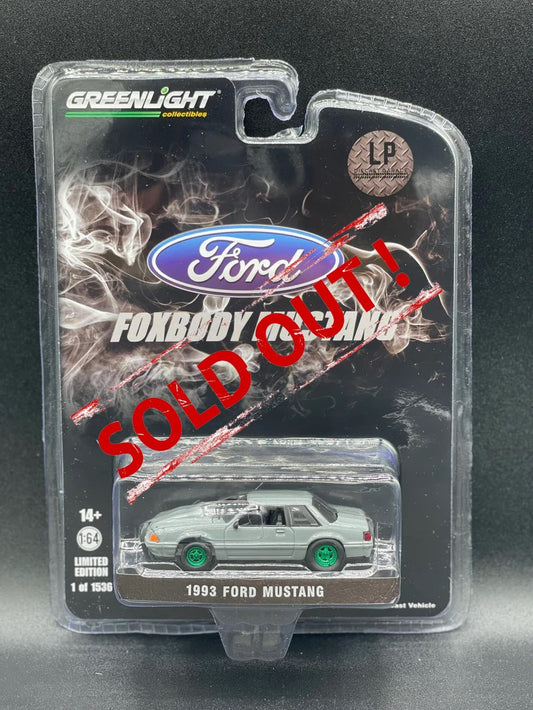 GREEN MACHINE GREENLIGHT 1993 Ford Mustang 5.0 LX Destroyer Gray Drag LP 1:64 Diecast Promo