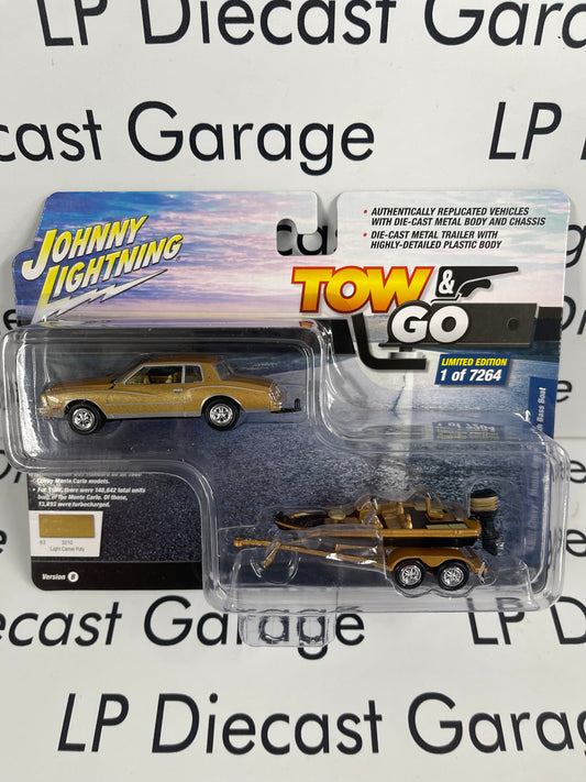 JOHNNY LIGHTNING 1980 Chevrolet Monte Carlo w/ Bass Boat Tow & Go Light Camel Poly 1:64 Diecast