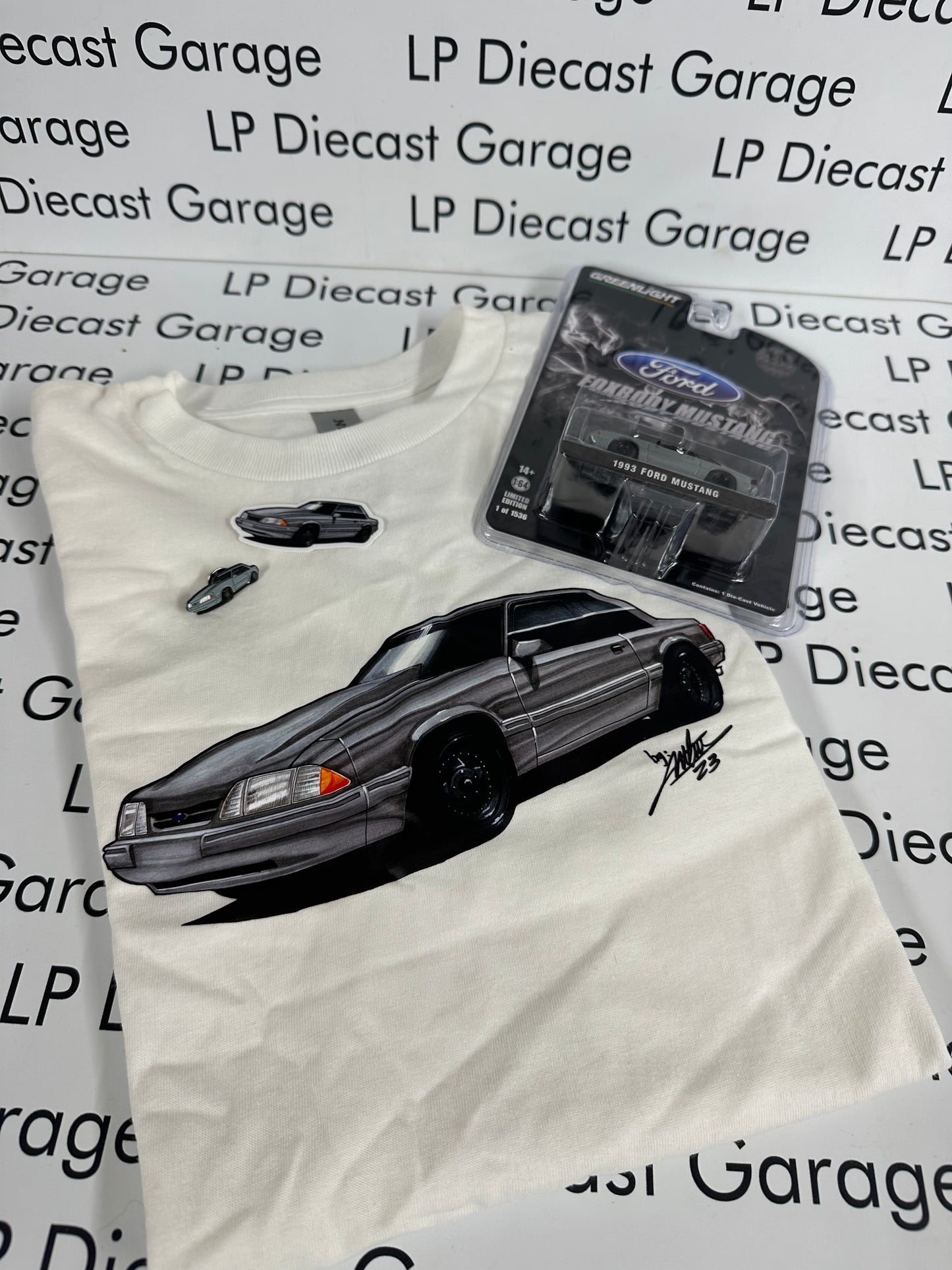 LP Diecast Garage Exclusive T-Shirt Grey Mustang Coupe White All Sizes Available