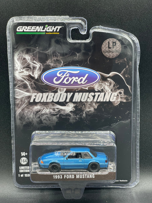 GREENLIGHT 1993 Ford Mustang 5.0 LX Coupe Bimini Blue Drag LP Diecast Garage Exclusive Release 1:64 Diecast Promo