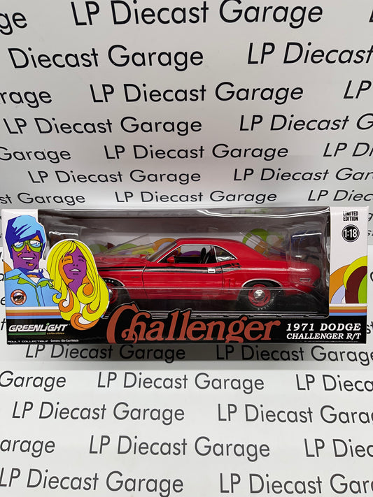 GREENLIGHT 1971 Dodge Challenger R/T Bright Red Dog Dish Wheels 1:18 Diecast
