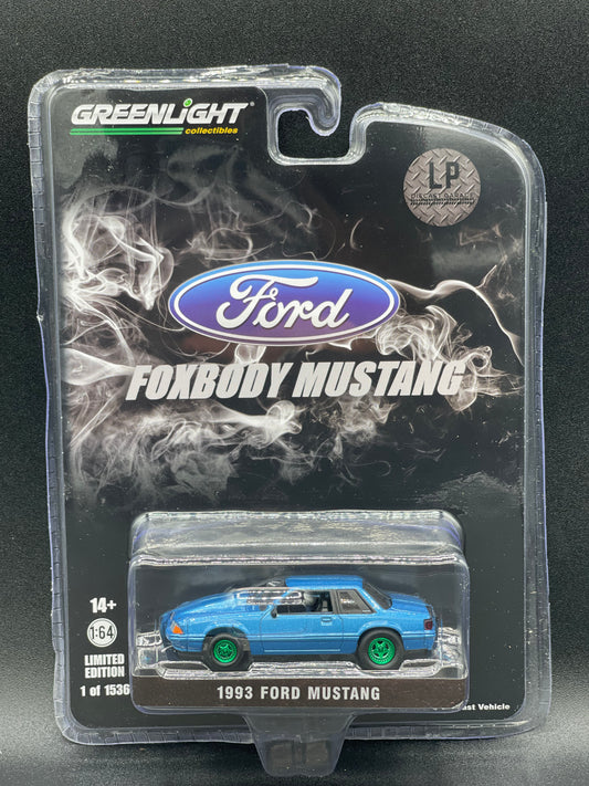 GREENLIGHT 1993 Ford Mustang 5.0 LX Coupe Bimini Blue Drag LP Diecast Garage Exclusive Release 1:64 Diecast Promo *GREEN MACHINE*