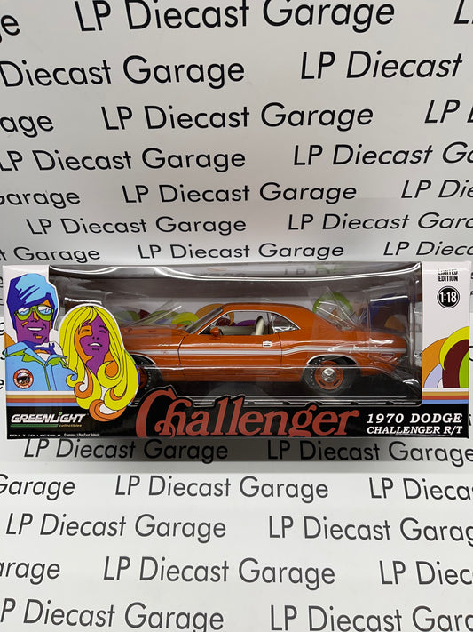 GREENLIGHT 1970 Dodge Challenger R/T Go Mango Dog Dish Wheels 1:18 Diecast