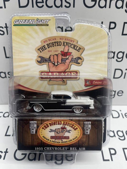GREENLIGHT 1955 Chevrolet Bel Air Black/ White 1:64 Diecast Busted Knuckle Garage