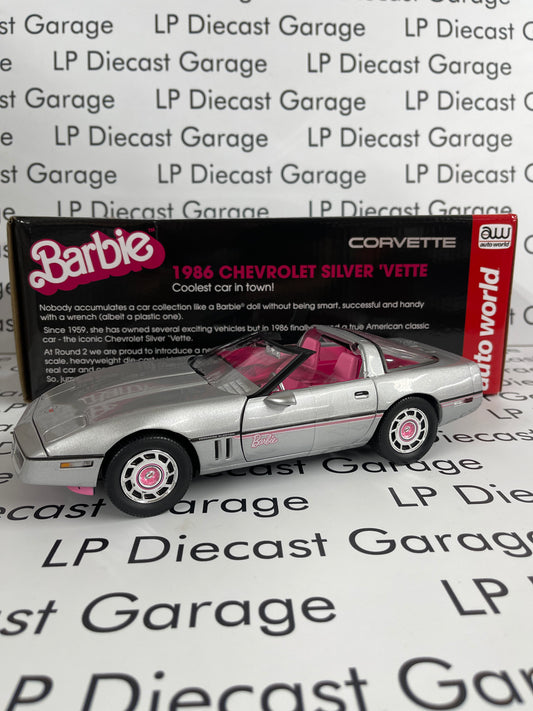 AUTO WORLD 1986 Chevrolet Corvette Silver Pink Barbie Car 1:18 Diecast Limited Edition