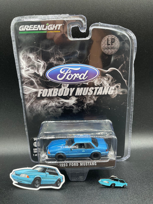 GREENLIGHT 1993 Ford Mustang 5.0 LX Coupe + Pin & Sticker Bimini Blue Drag LP Diecast Garage Exclusive Release 1:64 Diecast Promo