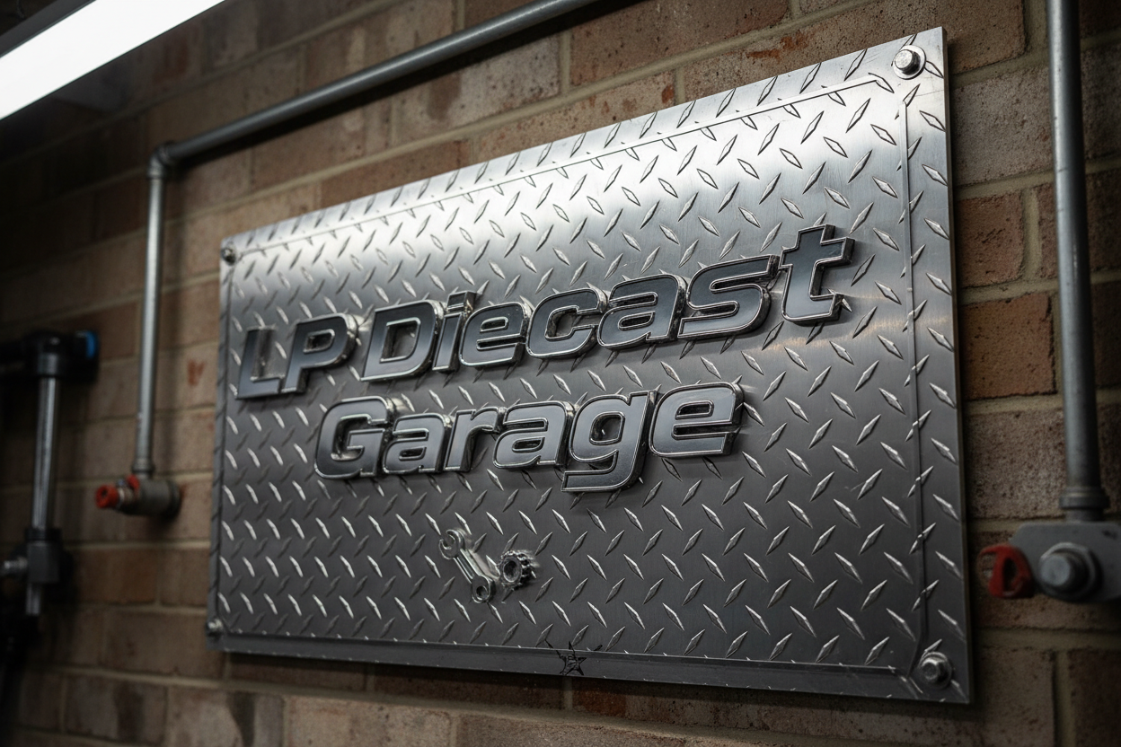 LP Diecast Garage on diamondplate sign