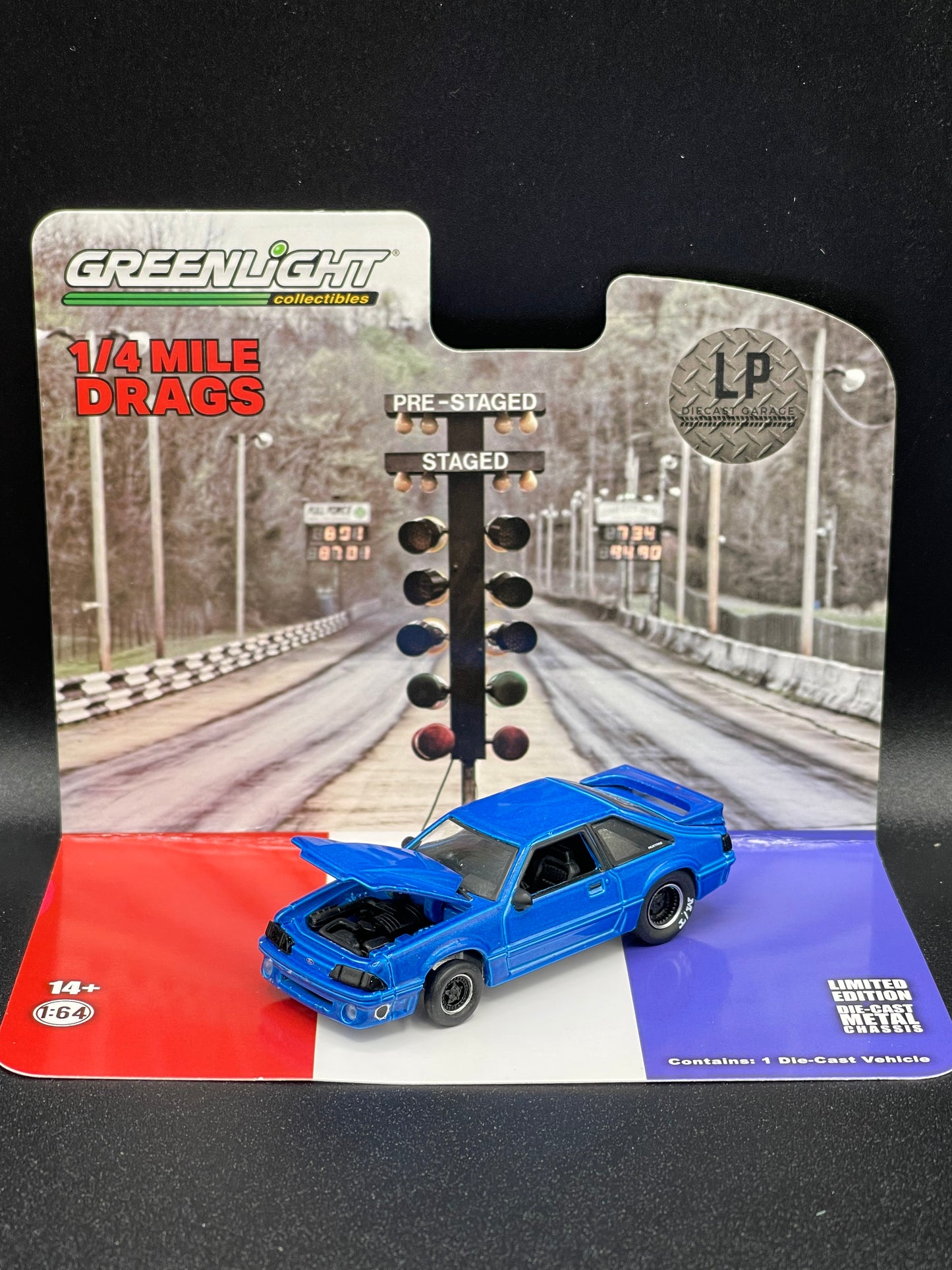 GREENLIGHT 1992 Ford Mustang GT Metallic Blue Drag Car  LP Diecast Garage Exclusive 1:64 Diecast Promo