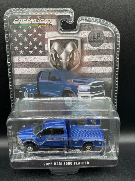 GREENLIGHT 2022 Ram 3500 Flatbed Blue Cummins Diesel LP Diecast Garage Exclusive 1:64 Diecast Promo