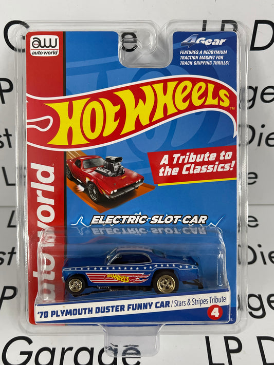 AUTO WORLD Hotwheels Tribute 1970 Plymouth Duster Funny Car Stars & Stripes HO Slot Car 1:64 Plastic Diecast